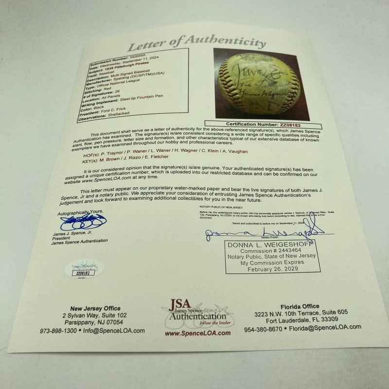 Honus Wagner Paul Waner Arky Vaughan Pie Traynor Chuck Klein Signed Baseball JSA - 4
