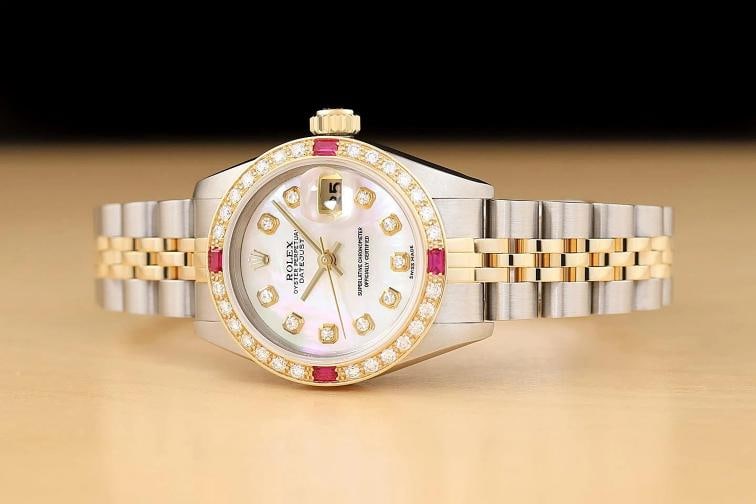 ROLEX LADIES DATEJUST 69173 MOTHER OF PEARL DIAMOND RUBY 18K GOLD STEEL WATCH - 2