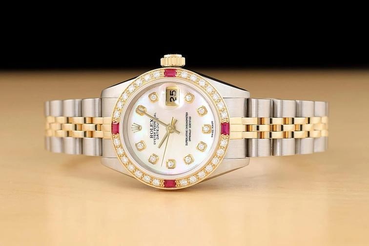 ROLEX LADIES DATEJUST 69173 MOTHER OF PEARL DIAMOND RUBY 18K GOLD STEEL WATCH - 3