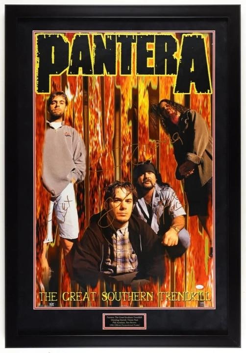 PANTERA: Dimebag Darrell, Vinnie Paul, Phil Anselmo & Rex Brownn Signed & Framed Poster (JSA LOA): Industry: Music,Signed: Yes,Autograph Authentication: James Spence (JSA),Object Type: Poster,Original/Reproduction: Original,Country of Origin: United States