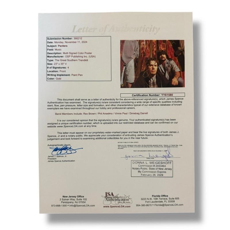 PANTERA: Dimebag Darrell, Vinnie Paul, Phil Anselmo & Rex Brownn Signed & Framed Poster (JSA LOA) - 6