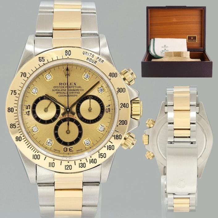 MINT Rolex Daytona 16523 Zenith Two Tone Yellow Gold Champagne Dial Watch Box: Brand Rolex (Guaranteed Authentic) Model Daytona Cosmograph Reference Number 16523 Serial Number L Gender Men's Metal Two-Tone (Yellow Gold/Stainless Steel) Case Size 40.00mm Wrist Size This watch