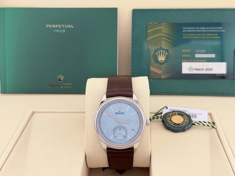 BRAND NEW 2026 Rolex 1908 52506 39mm Ice Blue Dial Platinum Box Papers: Style Number: 52506 Year: 2026 Model: Rolex 1908 Case Material: Platinum Band: Brown Leather Bezel: Platinum Dial: Ice Blue Dial Crystal: Sapphire Case Size: 39mm 