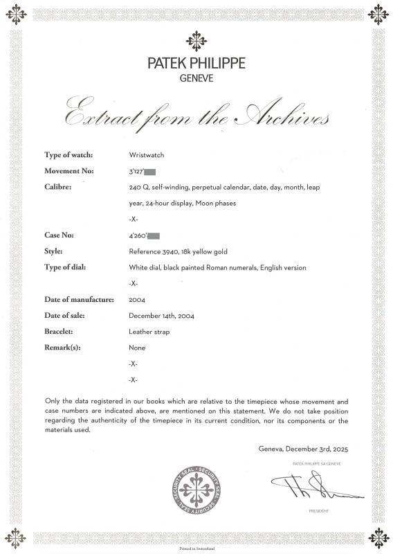 Patek Philippe 3940J Perpetual Calendar 18K Yellow Gold Patek Winder Box Paper - 3