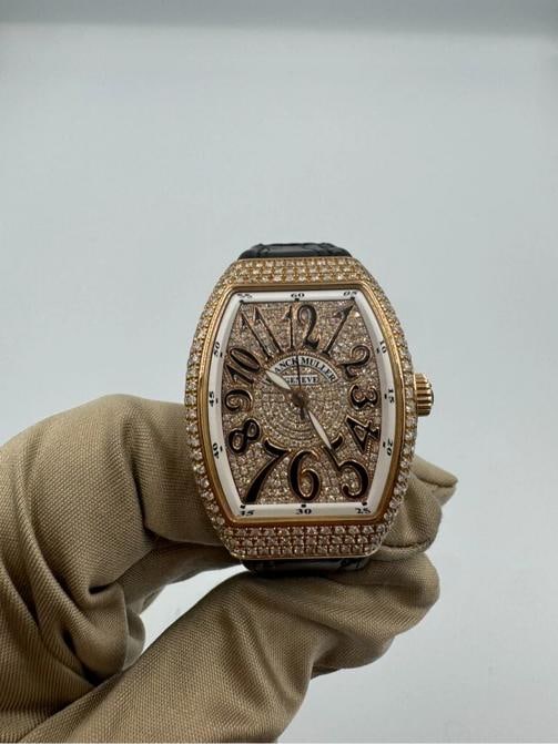 Franck Muller Vanguard All-Diamond Watch w/ Alligator Strap Rose Gold 35mm ref.V: Condition: Pre-owned - Good,Brand: Franck Muller,Type: Wristwatch,Department: Women,Movement: Mechanical (Automatic),Band Material: Leather,Dial Color: Diamonds,Bezel Type: Diamond,Model: Franck Mulle