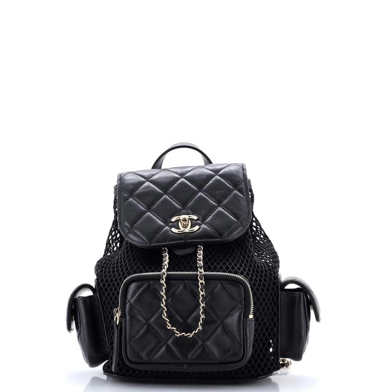 Chanel Multipocket Drawstring Backpack Mesh with Quilted Lambskin Small: Measurements: Height 10", Width 7", Depth 5.5" . Condition: Pre-owned - Good,Brand: Chanel,Exterior Material: Leather, Mesh,Style: Backpacks,Exterior Color: Black,Department: Women,Size: Small 