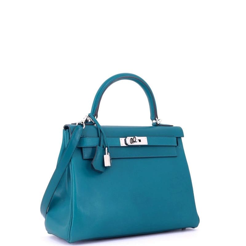 Hermes Kelly Handbag Blue Tadelakt with Palladium Hardware 28 - 2