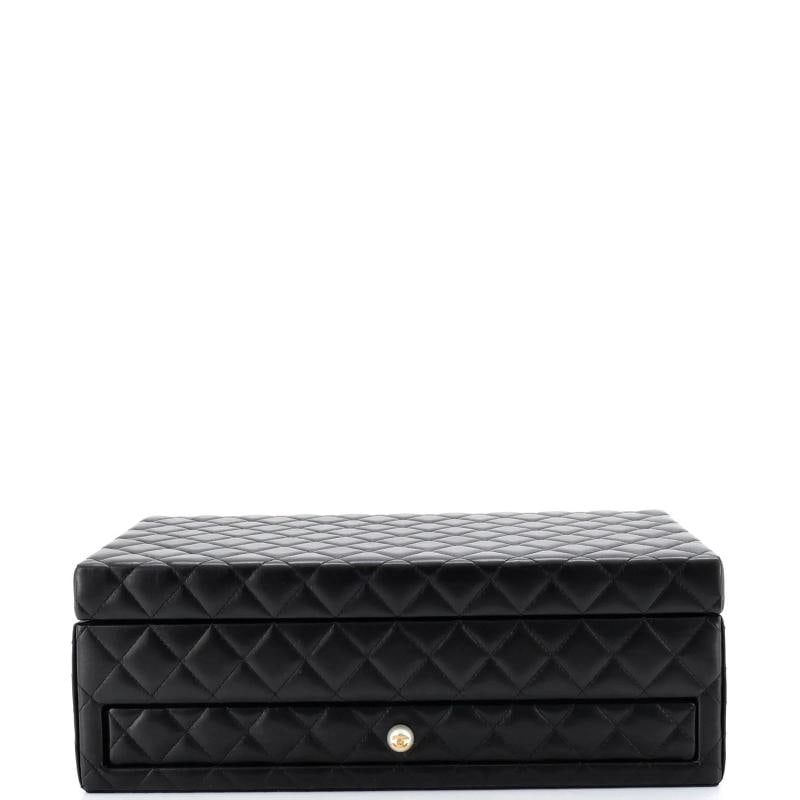 Chanel Pearl Jewelry Box Quilted Lambskin Medium: Accessories: Tray Measurements: Height 4.5", Width 13", Depth 7.5" . Condition: Pre-owned - Good,Brand: Chanel,Exterior Material: Leather,Style: Suitcases,Exterior Color: Black,Department: