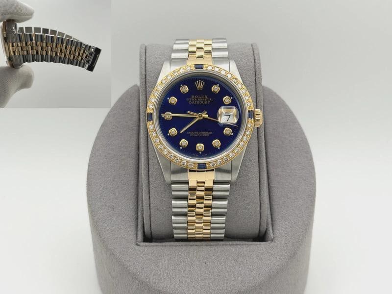 Rolex Datejust 16013 36mm Blue Diamond Dial Diamond Sapphire Bezel 18k Gold: Condition: Pre-owned - Good,Bezel Color: Gold, Yellow,Movement: Mechanical (Automatic),Indices: Diamond Markers,Year Manufactured: 1980-1989,Reference Number: 16013,Band/Strap: Rolex Jubilee,Brand: