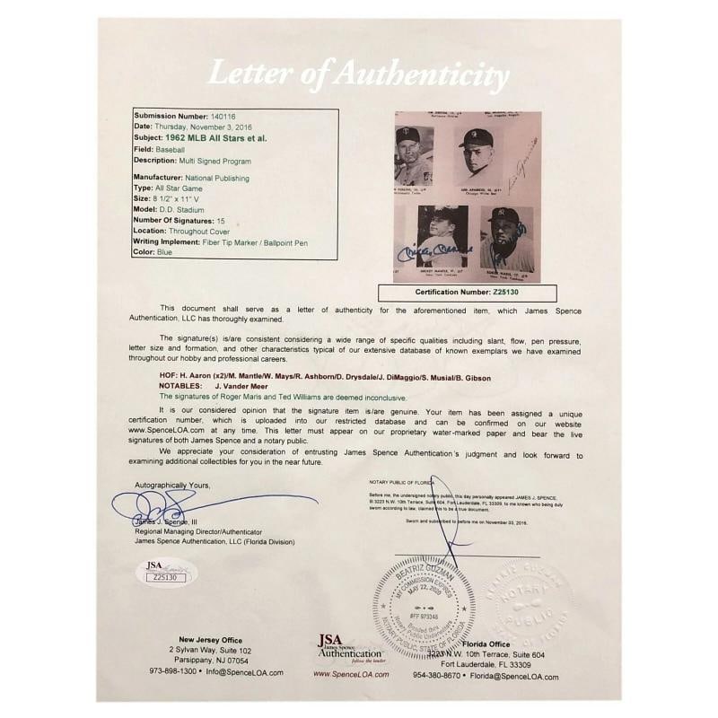 1962 MLB All Star Game Program Mantle DiMaggio Aaron Williams Maris +10 JSA COA - 3