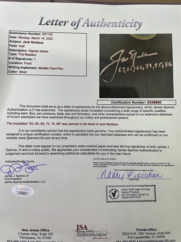 JACK NICKLAUS Signed Autograph Green Masters Jacket JSA LOA - 2