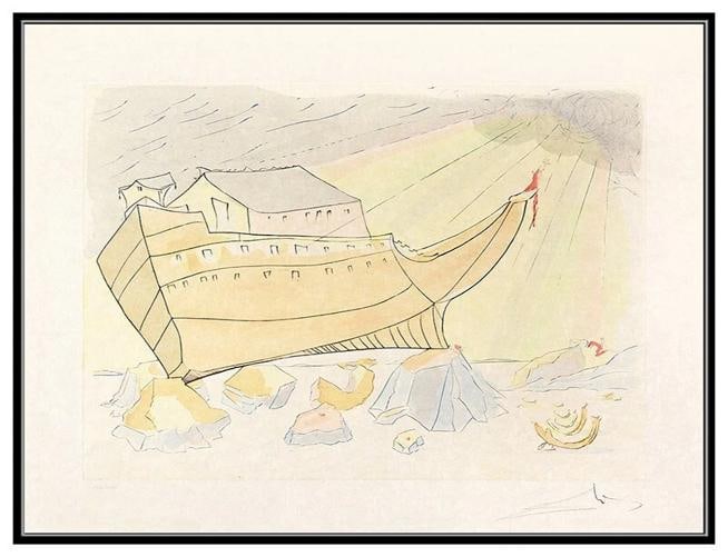Salvador Dali Hand Signed Color Etching Noahs Ark Signed Framed Surreal Artwork - 2