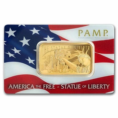 1 oz Gold Bar - PAMP America the Free Statue of Liberty (Assay): Brand: PAMP Suisse,MPN: 308961,Year: N/A,Fineness: 0.9999,Denomination: N/A,Country of Origin: Switzerland,Circulated/Uncirculated: None,Certification: Uncertified 
