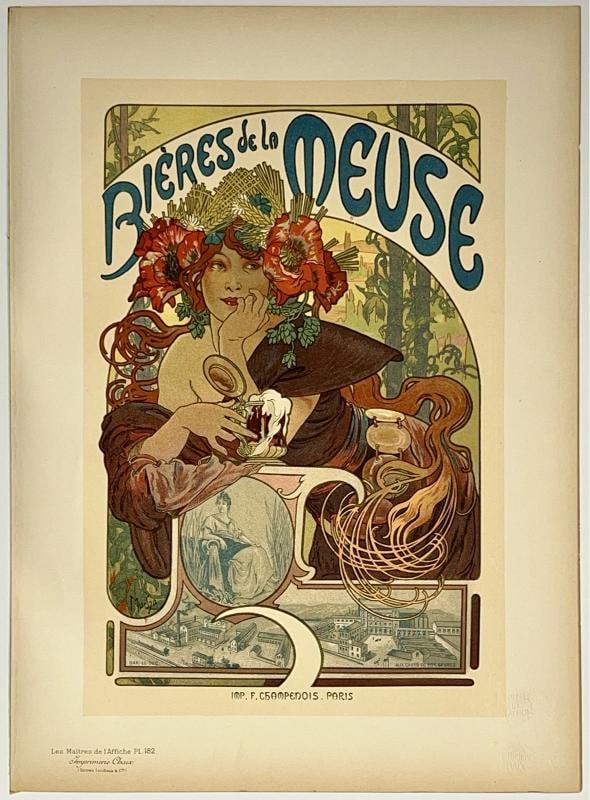Original Vintage Poster BIERES DE LA MEUSE Maitres De L'Affiche Pl 182 MUCHA: Dimensions: 11.4 x 15.7 in. / 29 x 40 cm.; Circa 1899 Original Vintage "BIERES DE LA MEUSE" poster illustrated by ALPHONSE MUCHA printed circa 1899. This poster is Plate 182 of the Maitres de
