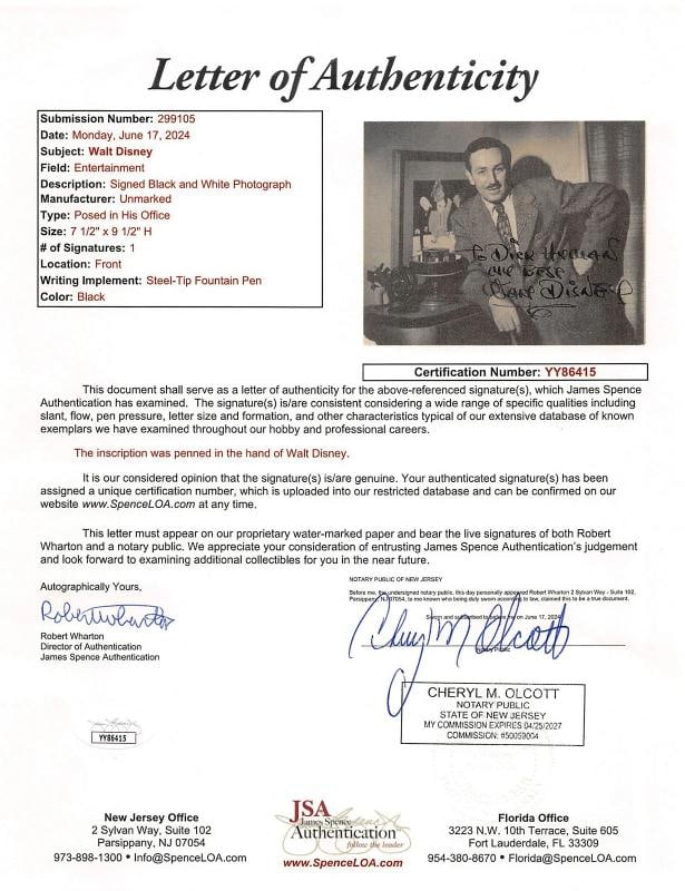 Walt Disney My Best Authentic Signed Black & White 7.5x9.5 Photo JSA - 2