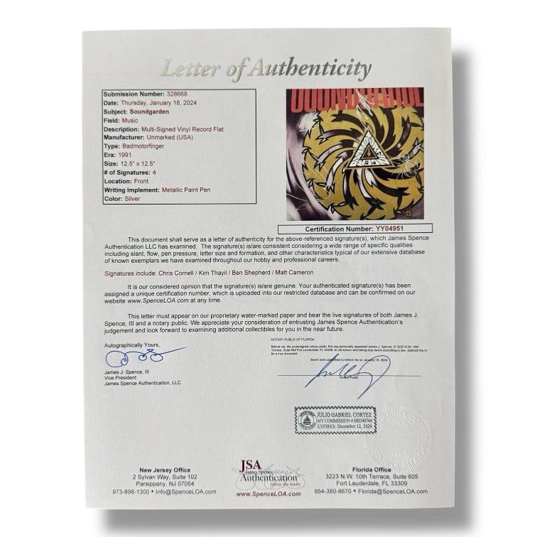 SOUNDGARDEN Signed Vinyl Record Display JSA COA BADMOTORFINGER CORNELL THAYIL +2 - 3