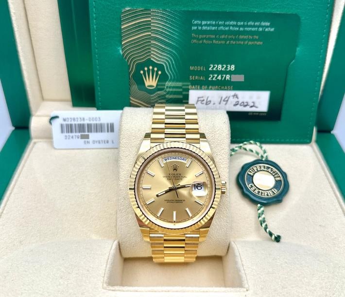 Rolex President Day Date 228238 40mm Champagne Dial 18K Yellow Gold Box Papers: Condition: Pre-owned - Excellent,Bezel Color: Gold, Yellow,Year Manufactured: 2020-Now,Band/Strap: Rolex President,Case Color: Gold, Yellow,Department: Men,Bezel Type: Fluted,Watch Shape: Round,Style:
