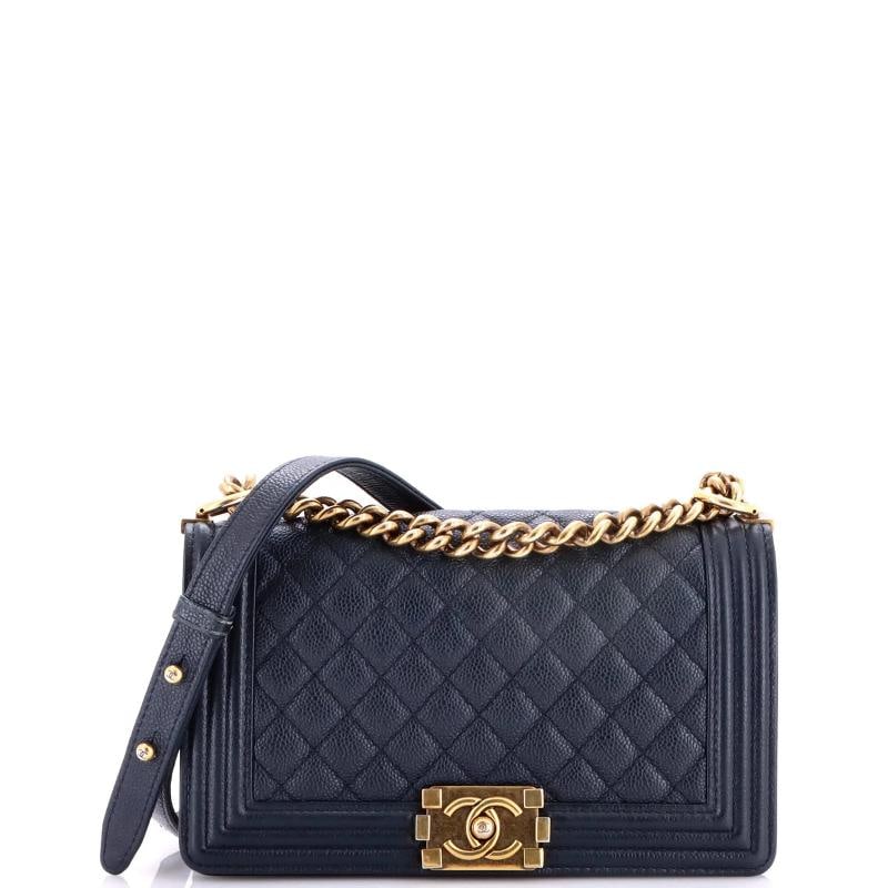 Chanel Boy Flap Bag Quilted Caviar Old Medium: Condition: Pre-owned - Good,Brand: Chanel,Exterior Material: Leather,Style: Cross Body Bags,Exterior Color: Blue,Department: Women,Size: Old Medium,Accessories: Dust Bag 