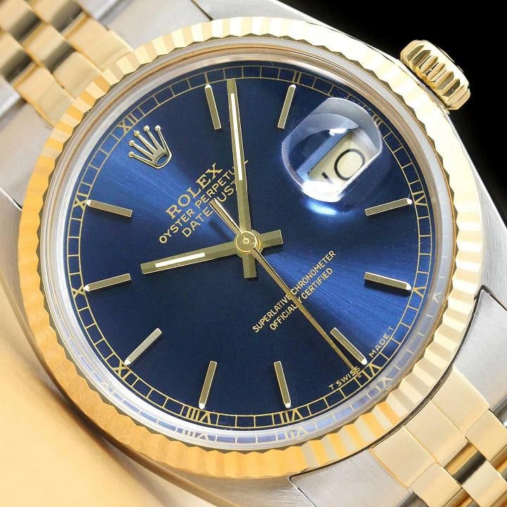 ROLEX MENS DATEJUST 16013 BLUE DIAL 18K YELLOW GOLD STAINLESS STEEL WATCH: Condition: Pre-owned - Good,Bezel Color: Gold,Max Wrist Size: 7.26-7.5 in,Number of Jewels: 27 Jewels,Indices: Stick Indexes, 12-Hour Dial,Bezel: Rolex 18K Yellow Gold Fluted Bezel,Band/Strap: Bracele