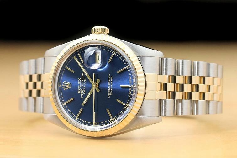ROLEX MENS DATEJUST 16013 BLUE DIAL 18K YELLOW GOLD STAINLESS STEEL WATCH - 2