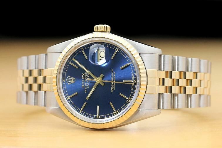 ROLEX MENS DATEJUST 16013 BLUE DIAL 18K YELLOW GOLD STAINLESS STEEL WATCH - 3