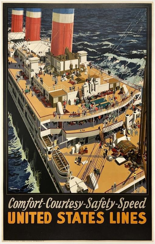 Original Vintage Poster UNITED STATES LINES LEVIATHAN Cruise Ship Travel OL: Dimensions: 25.25 x 40 in. / 64 x 101.5 cm.; Circa: 1925 Original vintage "COMFORT-COURTESY-SAFETY-SPEED - UNITED STATES LINES - LEVIATHAN" cruise ship travel poster, plate signed by its artist,