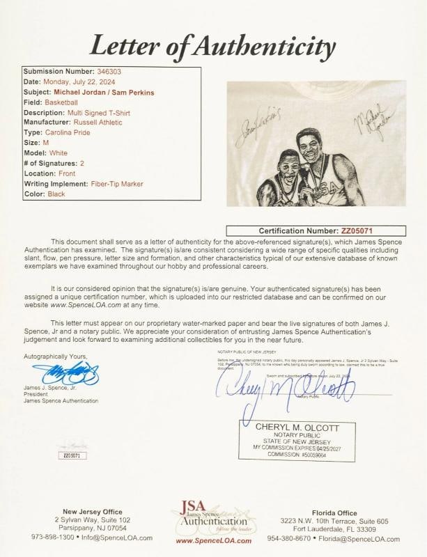 Michael Jordan & Sam Perkins Signed 1982 University North Carolina T-Shirt JSA - 4