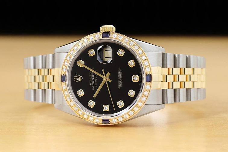 ROLEX DATEJUST 16233 BLACK FACTORY DIAMOND SAPPHIRE 18K GOLD STEEL WATCH - 3