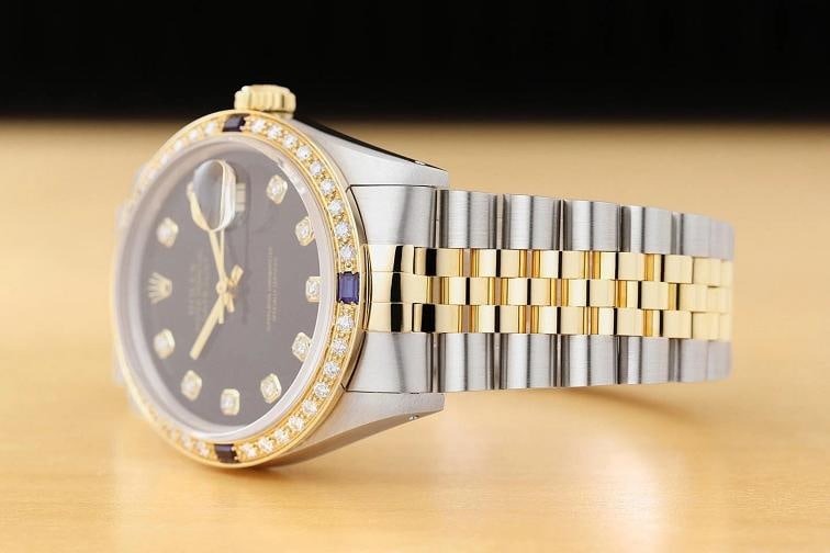 ROLEX DATEJUST 16233 BLACK FACTORY DIAMOND SAPPHIRE 18K GOLD STEEL WATCH - 4