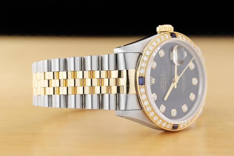 ROLEX DATEJUST 16233 BLACK FACTORY DIAMOND SAPPHIRE 18K GOLD STEEL WATCH - 7