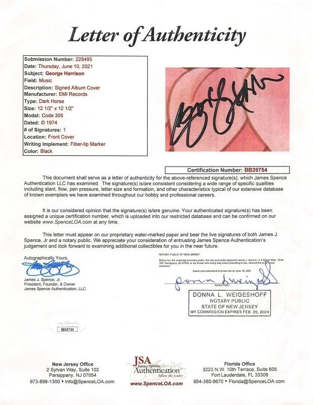 George Harrison Authentic Signed Dark Horse Album Cover W/ Vinyl JSA - 6