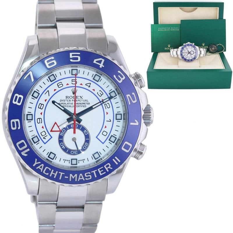 2016 MINT Rolex Yacht-Master II 44mm Steel White Blue Ceramic 116680 Watch Box: Brand Rolex (Guaranteed Authentic) Model Yacht-Master II Reference Number 116680 Serial Number Random Serial Gender Men's Metal Stainless Steel Case Size 44.00mm Wrist Size This watch will currently
