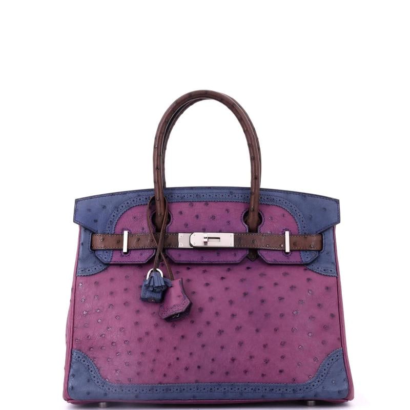 Hermes Birkin Ghillies Bag Tricolor Ostrich with Palladium Hardware 30: Condition: Pre-owned - Good,Brand: Hermes,Exterior Material: Ostrich, Exotic,Style: Totes,Exterior Color: Purple,Department: Women,Size: 30,Accessories: Lock, Keys, Clochette Condition: Very good.