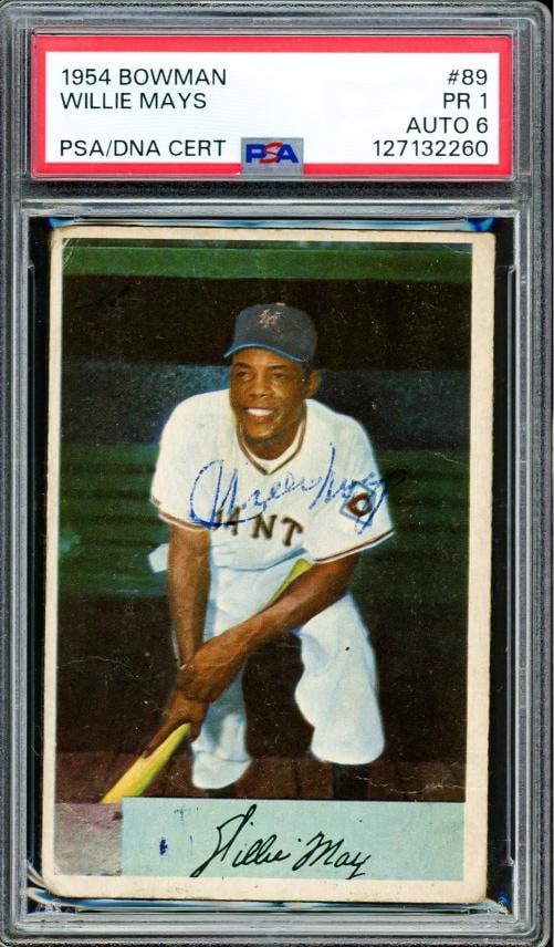 Willie Mays Auto 1954 Bowman Card 89 Giants PSA 1 Auto 6 Vintage 1950s Sig PSA: Condition: Ungraded - Very good: Not in original packaging or professionally graded ,Player/Athlete: Willie Mays,Player: Willie Mays,Team: New York Giants,Sport: Baseball,Product: Card,Autographed: