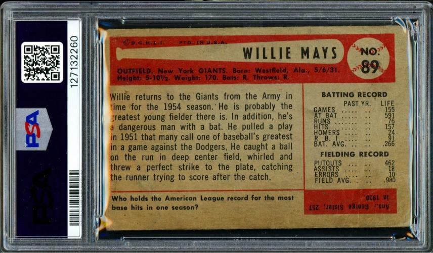 Willie Mays Auto 1954 Bowman Card 89 Giants PSA 1 Auto 6 Vintage 1950s Sig PSA - 2