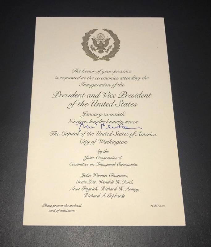 PRESIDENT BILL CLINTON SIGNED AUTO INAGURATION INVITATION BAS BECKETT COA 1: President: Bill Clinton,Original/Reproduction: Original,Autograph Authentication: Professional Sports (PSA/DNA),Country of Origin: United States 
