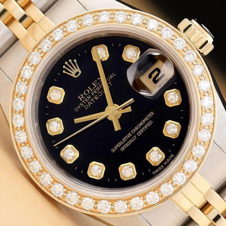 ROLEX LADIES DATEJUST 69173 BLACK DIAMOND 18K YELLOW GOLD STEEL JUBILEE WATCH: Condition: Pre-owned - Good,Department: Women's,Brand: Rolex,Style: Dress/Formal, Luxury: Dress Styles,Features: 12-Hour Dial, Chronometer, Sapphire Crystal, Screwdown Crown, Self-Winding, Swiss Made,