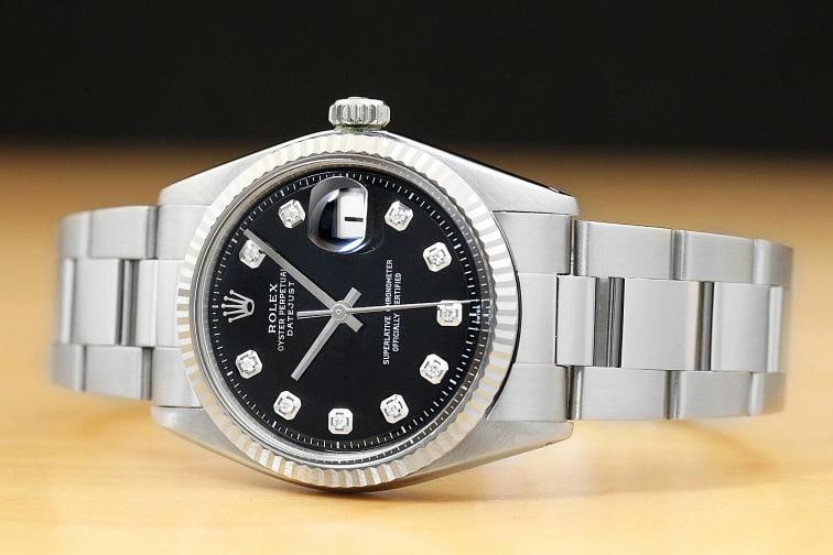 MENS ROLEX DATEJUST BLACK DIAMOND DIAL 18K WHITE GOLD FLUTED BEZEL STEEL WATCH - 3