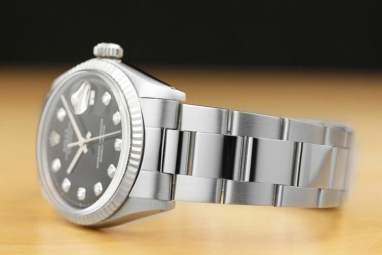 MENS ROLEX DATEJUST BLACK DIAMOND DIAL 18K WHITE GOLD FLUTED BEZEL STEEL WATCH - 4