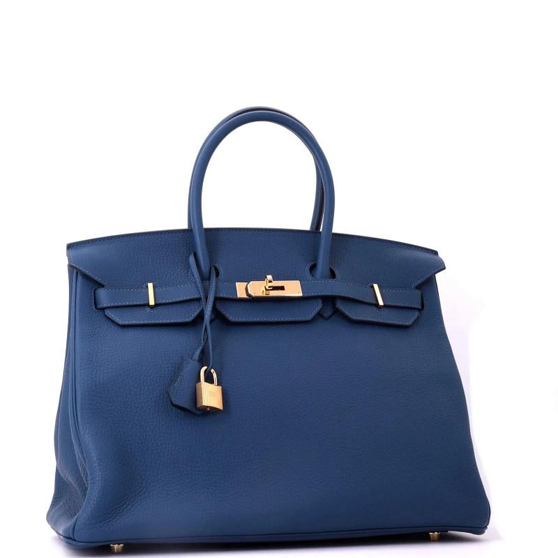 Hermes Birkin Handbag Blue Clemence with Gold Hardware 35 - 2