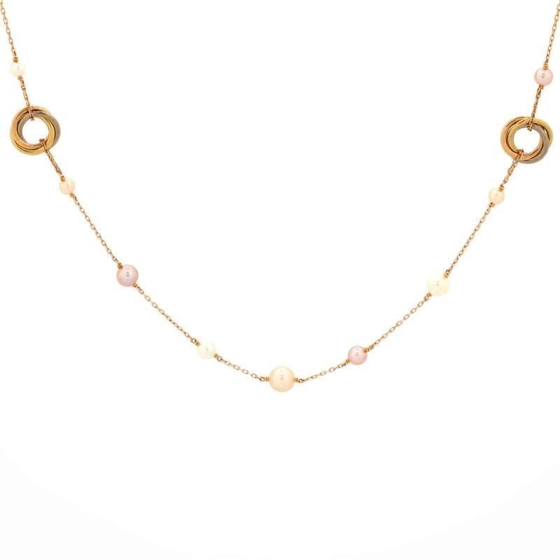 Cartier Trinity Station Long Necklace 18K Tricolor Gold with Pearls: Condition: Pre-owned - Good,Brand: Cartier,Main Stone: Unknown,Metal: 18K Tri Colored Gold,Metal Purity: 18K,Style: Station,Type: Necklace,Color: Tricolor Gold,Material: Unknown Condition: Very good.