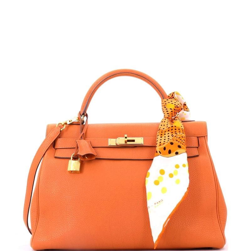 Hermes Kelly Handbag Orange Togo with Gold Hardware 32: Condition: Pre-owned - Fair,Brand: Hermes,Exterior Material: Leather,Style: Top Handle,Exterior Color: Orange,Department: Women,Size: 32,Accessories: Lock, Clochette, Keys, Dust Bag, With Strap