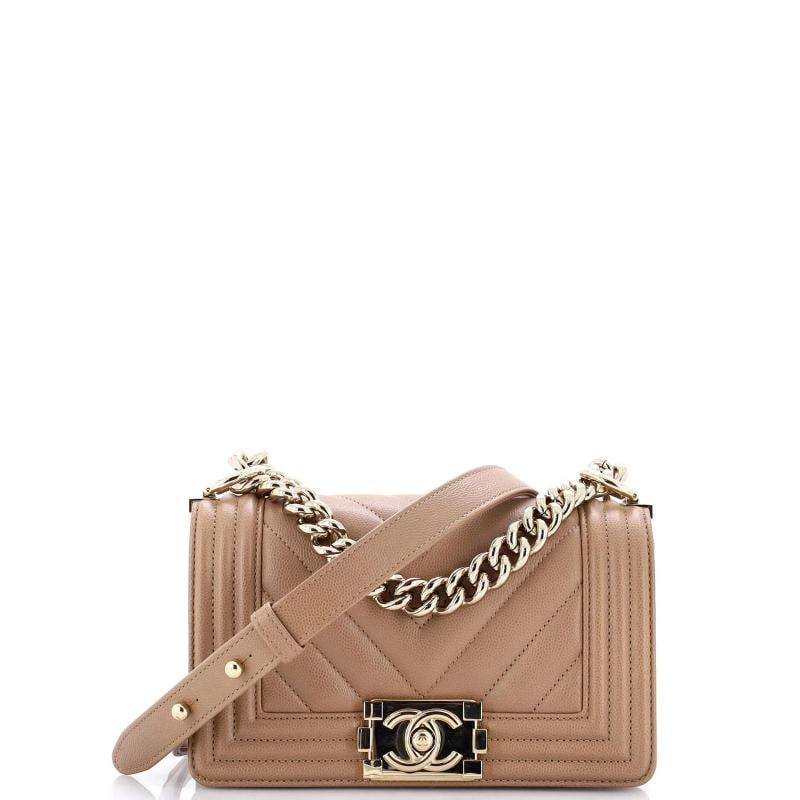 Chanel Boy Flap Bag Chevron Caviar Small: Condition: Pre-owned - Excellent,Brand: Chanel,Exterior Material: Leather,Style: Cross Body Bags,Exterior Color: Brown,Department: Women,Size: Small 
