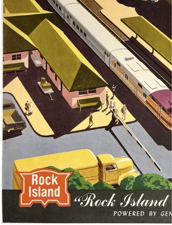 Original Vintage Poster ROCK ISLAND ROCKETS Railroad Travel Bern Hill LINEN - 4
