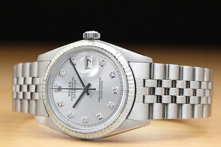 ROLEX MENS DATEJUST 1601 18K WHITE GOLD STAINLESS STEEL SILVER DIAMOND WATCH - 2