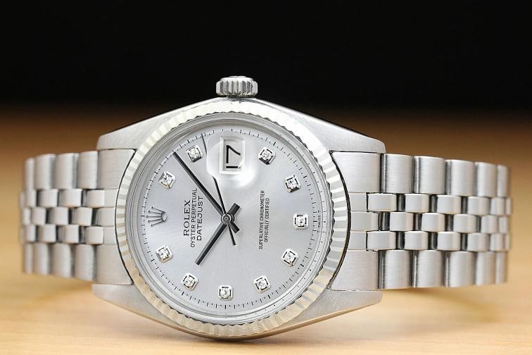 ROLEX MENS DATEJUST 1601 18K WHITE GOLD STAINLESS STEEL SILVER DIAMOND WATCH - 3