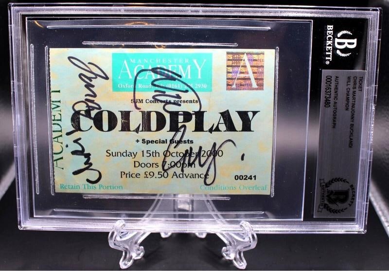 COLDPLAY BAND SIGNED 2000 PARACHUTES TOUR TICKET STUB BECKETT SLABBED BAS COA X4: Industry: Music,Signed: Yes,Autograph Authentication: Beckett,Original/Reproduction: Original,Country of Origin: United States 