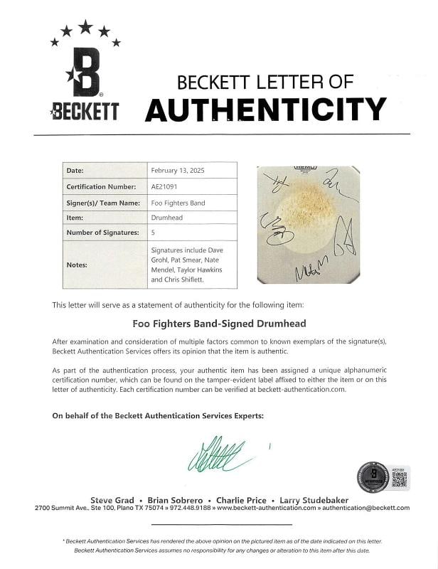 Foo Fighters (5) Grohl, Hawkins +3 Signed 15 Concert Used Drum Head BAS - 3