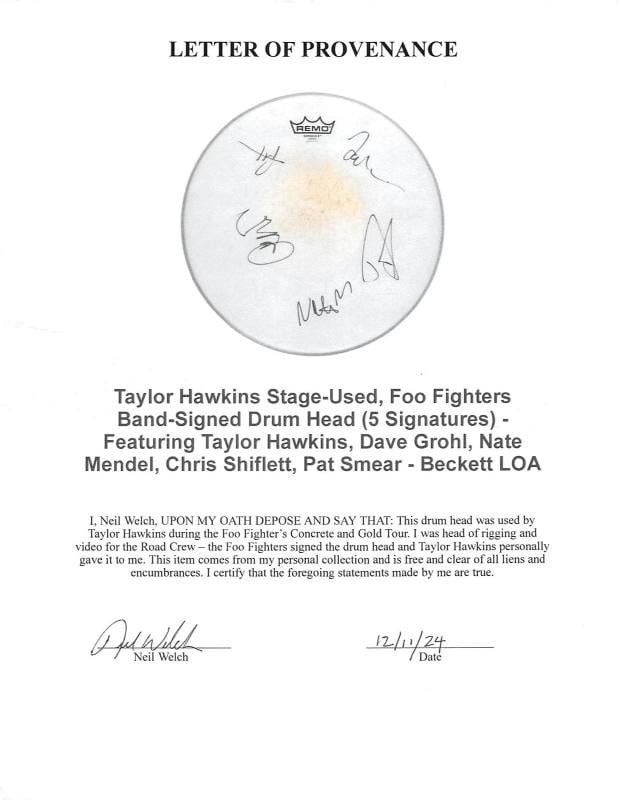 Foo Fighters (5) Grohl, Hawkins +3 Signed 15 Concert Used Drum Head BAS - 4