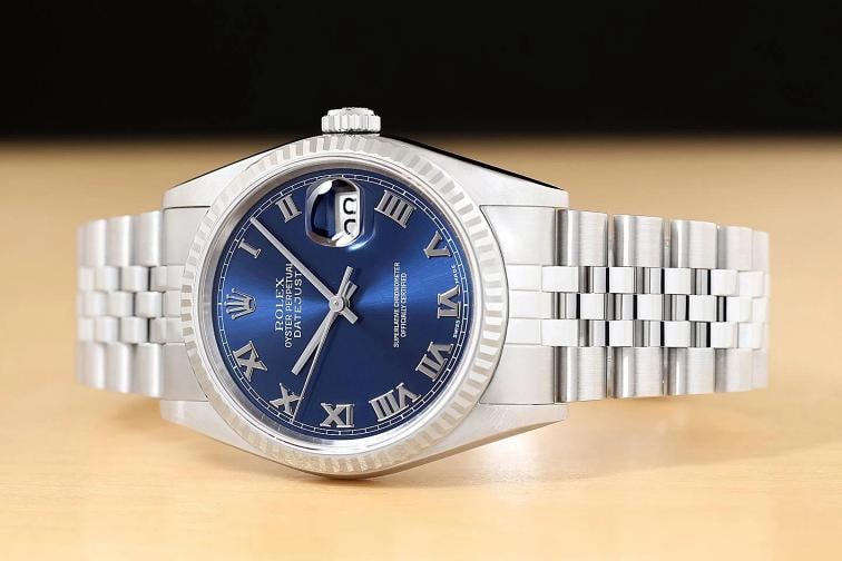 ROLEX MENS DATEJUST 16234 BLUE ROMAN DIAL 18K WHITE GOLD STEEL NO HOLES WATCH - 2
